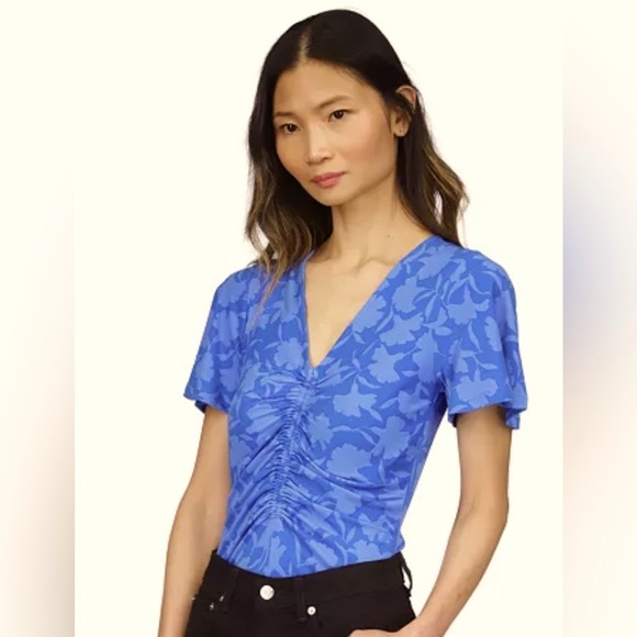 NWT [MICHAEL Michael Kors] Printed Ruched Top in Grecian Blue Women’s Petite XS - Picture 3 of 13